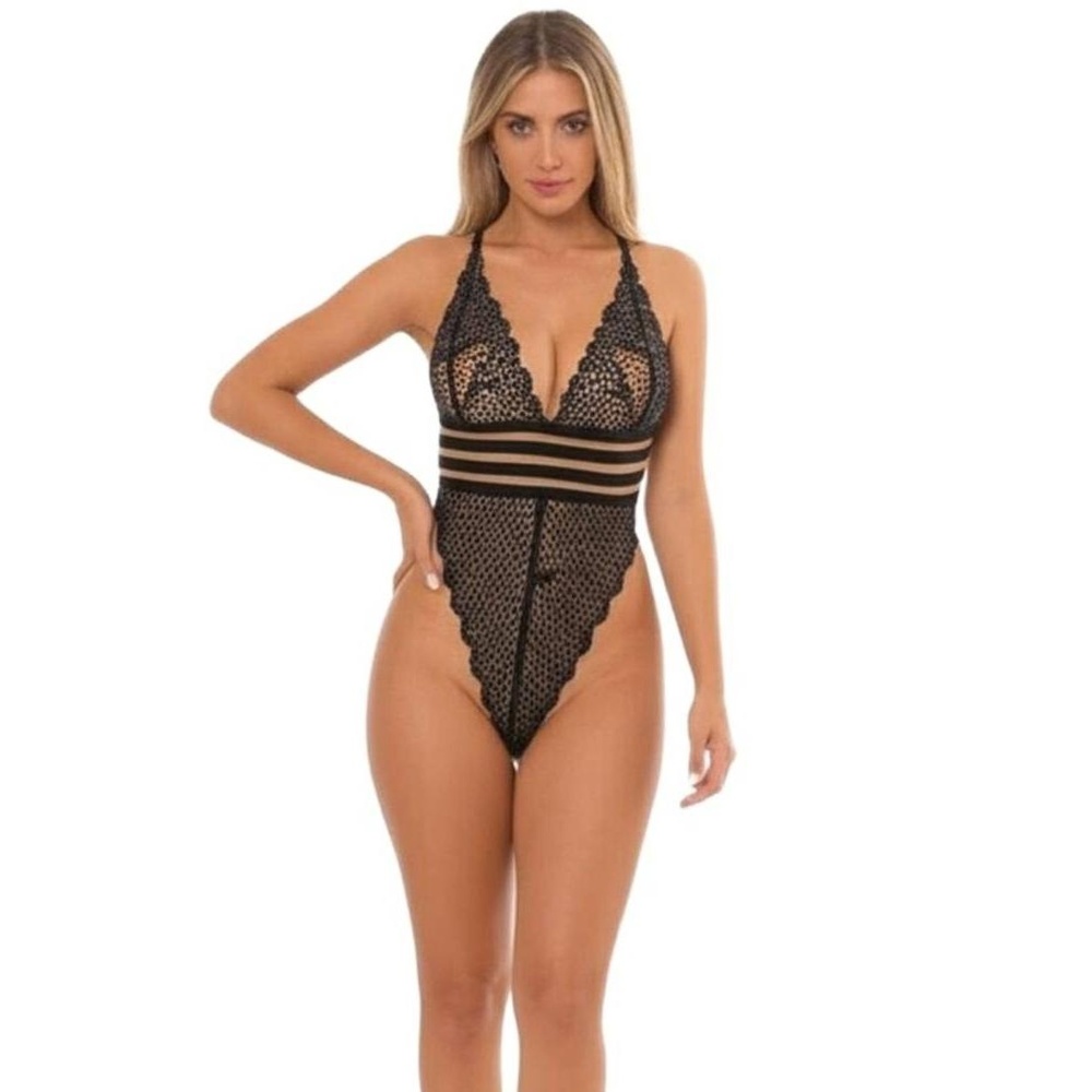 ICOLLECTION Bodysuit Womens Size 1X Plus Size Black Lace Halter Deep V-neck Sexy